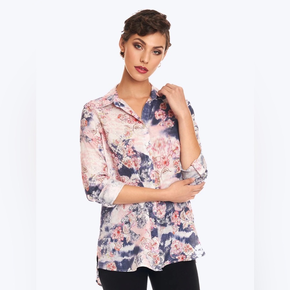 Tianello by Steve Barraza Estee Print Linen Loving Blouse Medium Floral Artsy